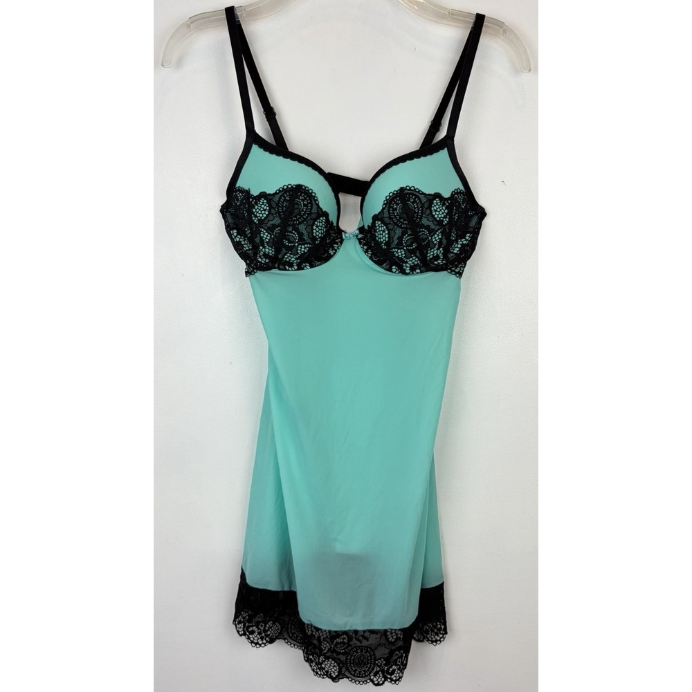 Victorias Secret Babydoll Nightie Slip Bra 34C Mesh Lace Green Black Sexy New